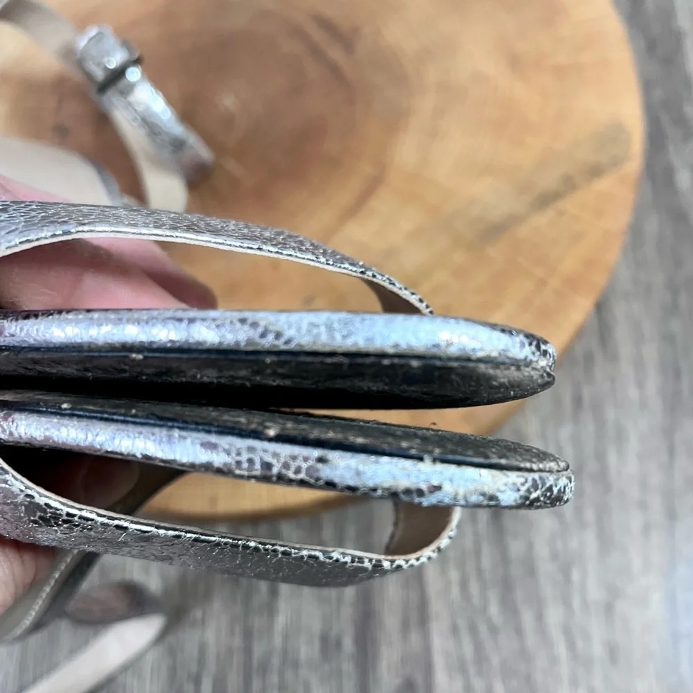 *Tory Burch | Elana Leather Silver Heeled Sandals With Ankle Straps Size 6